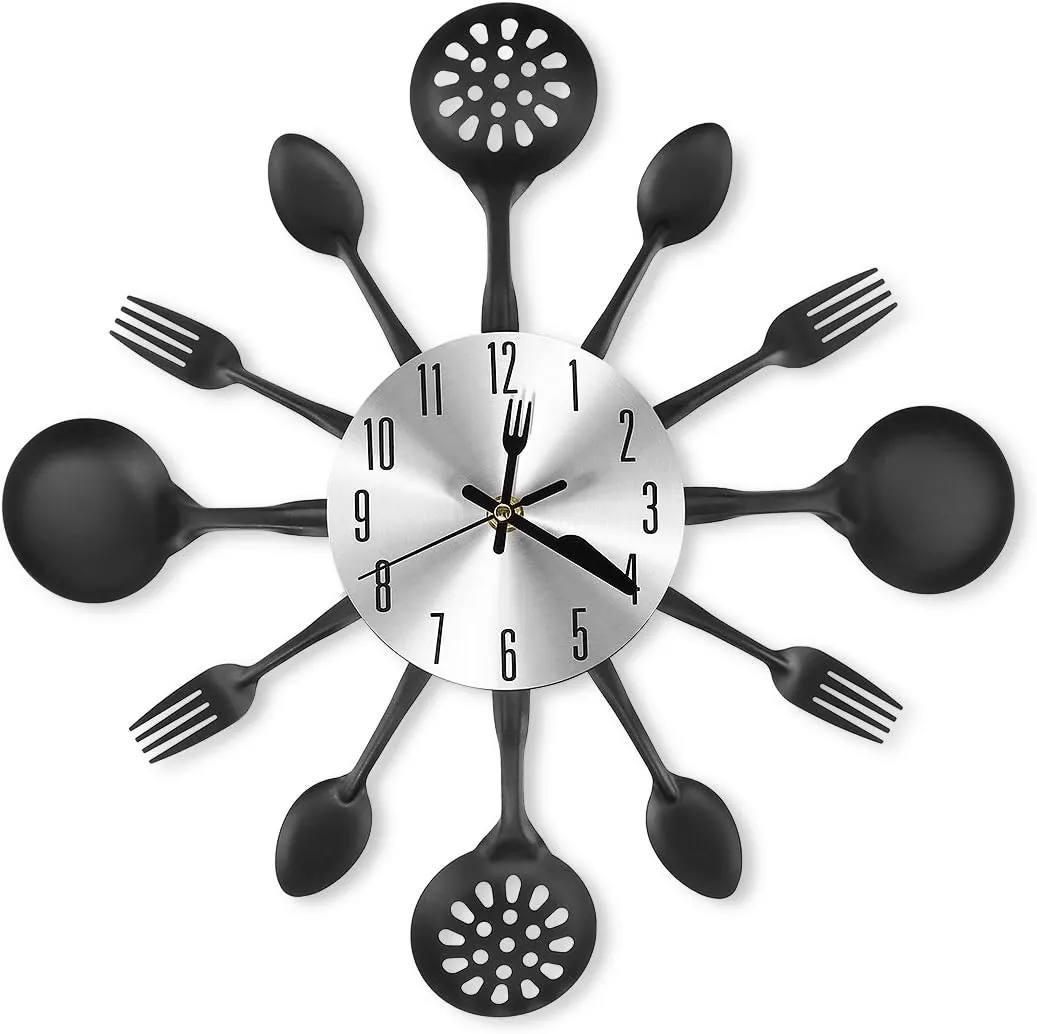 14 Inch Cutlery Kitchen Wall Clocks with Fork and Spoon Dial, Silent Clock Movement and Battery Operated, Great Wall Decor and Nice Housewarming Gifts