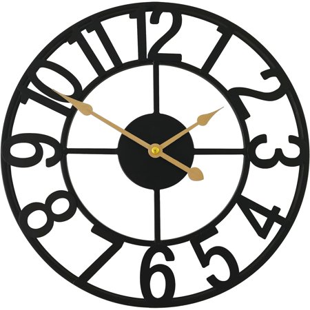 14 Inch Retro Metal Wall Clock with Large Arabic Numerals,Home Decorative Industrial Clocks for Living Room,Kitchen,Office,Bedroom,Battery Operated(Black)