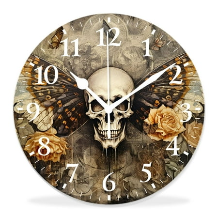 14 Inch Wall Clock Battery Operated Silent Clock Decorative for Office, Kitchen, Outdoor, Living Room，Tatoo Skull on Floral Background Lovely