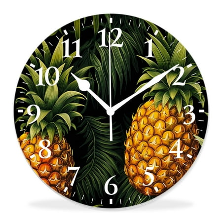 14 Inch Wall Clock Battery Operated Silent Clock Decorative for Office, Kitchen, Outdoor, Living Room，Pineapple Palm Leaf Pineapple Lovely Art