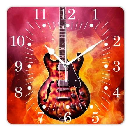 14 Inch Wall Clock Battery Operated Square Clock for Office, Kitchen, Outdoor, Living Room,Fire Rock Guita Pattern