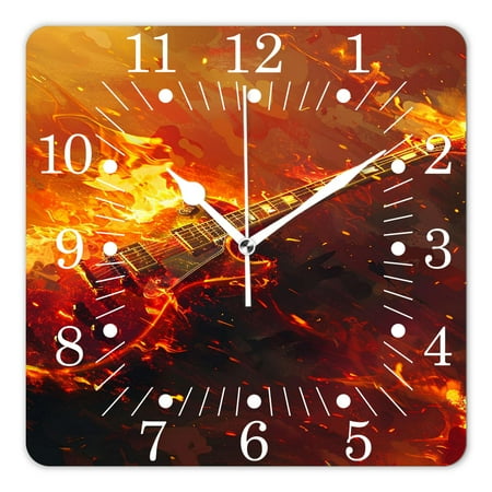 14 Inch Wall Clock Battery Operated Square Clock for Office, Kitchen, Outdoor, Living Room,Fire Rock with Guita Exquisite