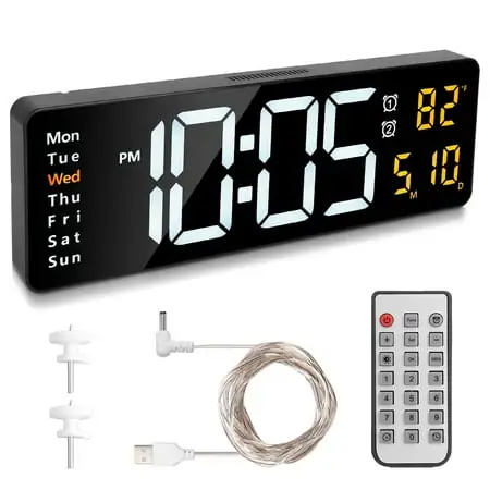 15.7in LED Digital Wall Clock with Remote Control Alarm Clock w/ 10 Level Brightness