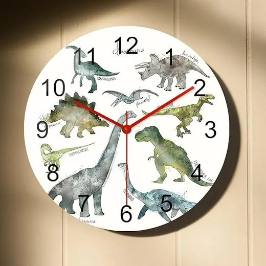 15 Inch Various Dinosaur Round Wall Clock, Kids Room Wall Art Clock Easy to Read Cute Decorative Silent Quartz Non Ticking Battery Operated Analog Wall Watch Clock for Boys Room Boys Gift