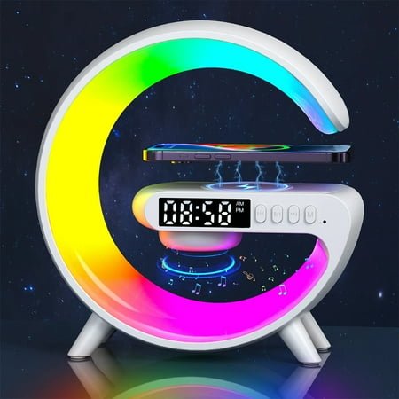 15W Wireless Charger Station Multifunction RGB Desk Lamp Alarm Clock Speaker For iPhone Samsung Huawei Fast Charging Stand Pad white G