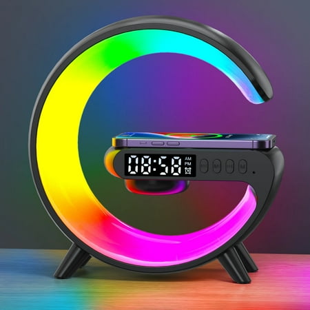 15W Wireless Charger Station Multifunction RGB Desk Lamp Alarm Clock Speaker For iPhone Samsung Huawei Fast Charging Stand Pad black G