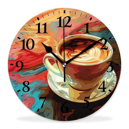 16 Inch Wall Clock Battery Operated Silent Clock Decorative for Office, Kitchen, Outdoor, Living Room，Coffee Cup on Retro Background Adorable