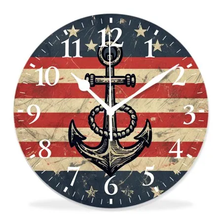 16 Inch Wall Clock Battery Operated Silent Clock Decorative for Office, Kitchen, Outdoor, Living Room，Nautical Board Marine Design Rudder Nautical Board Navy Striped Painting