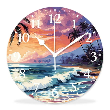 16 Inch Wall Clock Battery Operated Silent Clock Decorative for Office, Kitchen, Outdoor, Living Room，Hawaii Beach with Palm Trees Lovely