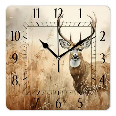 16 Inch Wall Clock Battery Operated Square Clock Decorative for Office, Kitchen, Outdoor, Living Room，Whitetail Deer Fawn in Wilderness Countryside