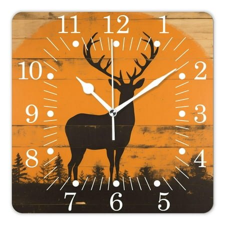 16 Inch Wall Clock Battery Operated Square Clock for Office, Kitchen, Outdoor, Living Room,Deer Animal In Sunset Forest Woodland on Wooden Art