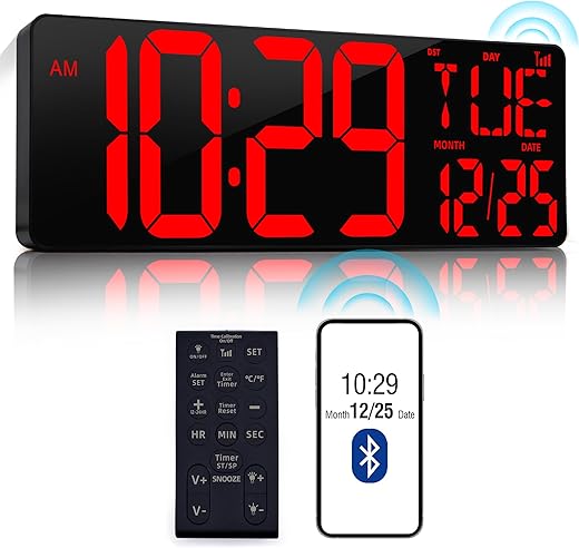 17.2" Large Digital Wall Clock Bluetooth Auto Time Sync Digital Clock Large Display Auto-Dimming/DST Digital Calendar Led Wall Clock Big Timer Digital Clock For Living Room Classroom Garage Gym Decor