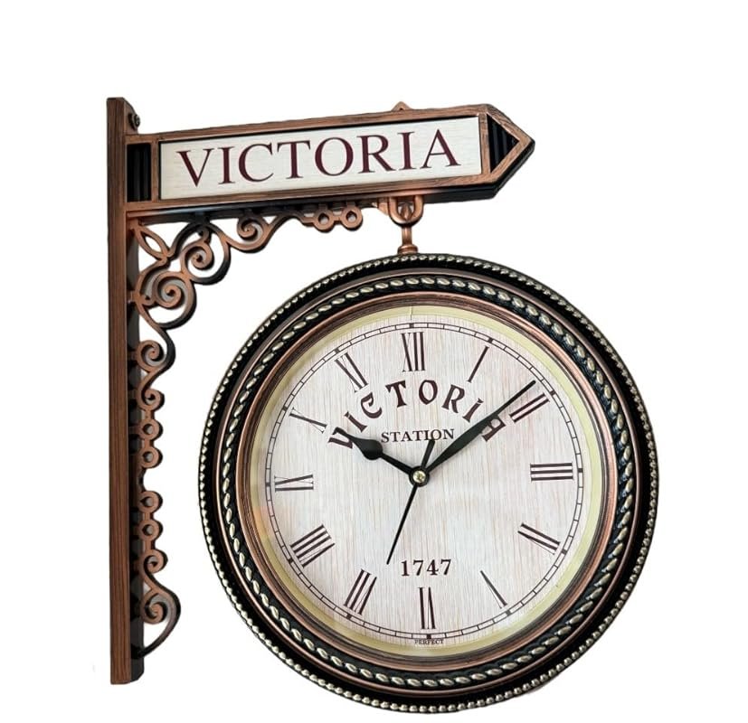 1747 London Victoria Station Double Sided Railway Wall Clock - Antique Brown Station Functional Round Clock for Home and Office Decor - Vintage Look 8 Inch Clock with Wall Mount