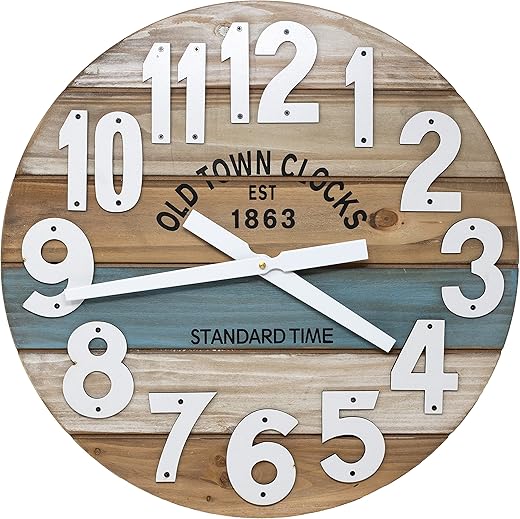 18" Wooden Multi-Color Maritime Coastal Beach Large Number Wall Clock (Blue, 18 inch)