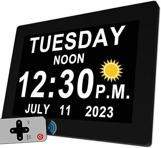 19 Alarms Digital Clock with Auto DST, Sun Moon Icons, 20 Custom Reminders, 10-Level Auto Dimmer, 6 Display Modes, Day Date Calendar Clock for Seniors Dementia Alzheimers'- 7 Inch with Remote