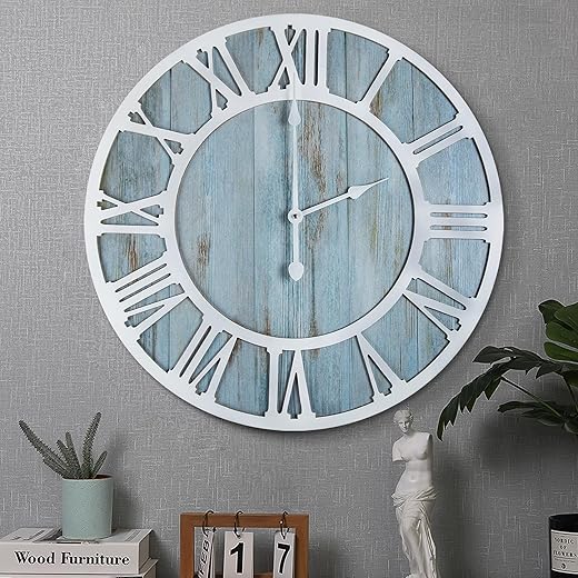 1st owned Wall Clock for Home Decor - 24 Inch Blue Wood Wall Clocks Battery Operated Silent Non Ticking Simple Minimalist Roman Numbers Clock Decorative for Bedrrom