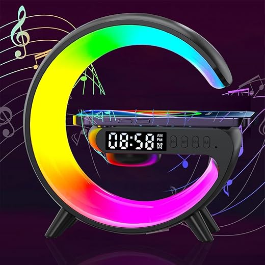 2024 New Wireless Charger Atmosphere Lamp, 4-in-1 Bluetooth Speaker with Lights, Bedside Lamp with Clock, Color Changing Sound Machine Smart LED Table Lamp for Home Decor, Bedroom, Office (Black USB)