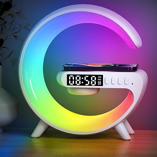 2024 New Wireless Speaker Charger, Atmosphere Bedside Light with Wireless Charging Station,Music Lit Lamp 4 in 1 Alarm Clock Gifts Idea for Family (White)