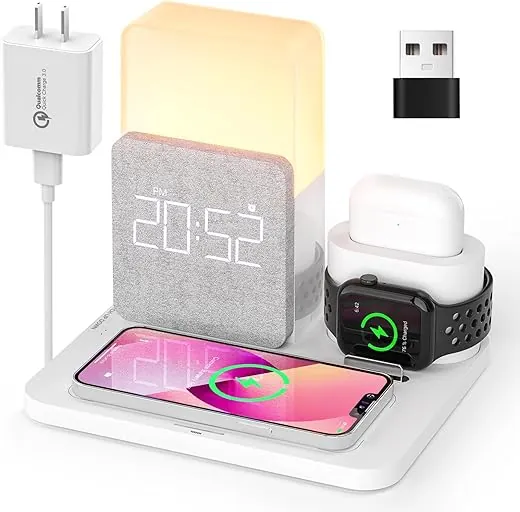 [2025 UV-Coating] COLSUR Wireless Charging Station, 3 in 1 Charging Station, Alarm Clock with Wireless Charger, iPhone 12/13/14/15/16 Pro/13 Mini/13 Pro Max/12 pro, AirPods