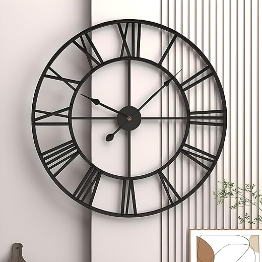 20 Mute Retro Wall Clock, Roman Numerals Art Creative Clock Vintage Silent Metal Clock Industrial Gear Clock, Indoor Black Non Ticking Large Round Decorative Clock for Living Room, Kitchen, Home