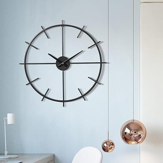 21 Inch Large Wall Clock Decor Living Room Modern, Battery Operated Quartz Analog Movement Decorative Clocks for Home, Living Room, Office, Kitchen, Bedroom, Round Black Metal Dial Reloj de Pared