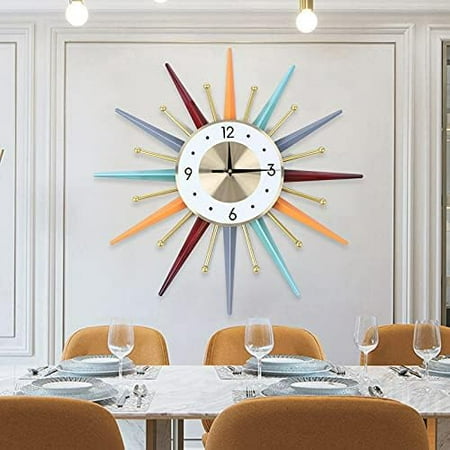 22 Inch Modern Large Colorful Wall Clock Silent Non Ticking, Battery Operated Sun Wall Clock, Retro Starburst Ball Wall Clock Mid Century Home Decor