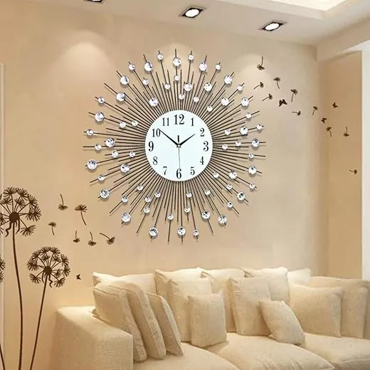 23.6 inch 3D Crystal Wall Clock Sparkling Bling Diamond Studded Silver Wall Clock Modern Luxury Art Round Wall Decor Watch for Home Living Room Bedroom Kitchen