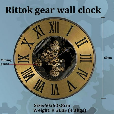 23.6 Inches Gold Roman Numeral Large Wall Clock with Moving Gears,Large Gear ...