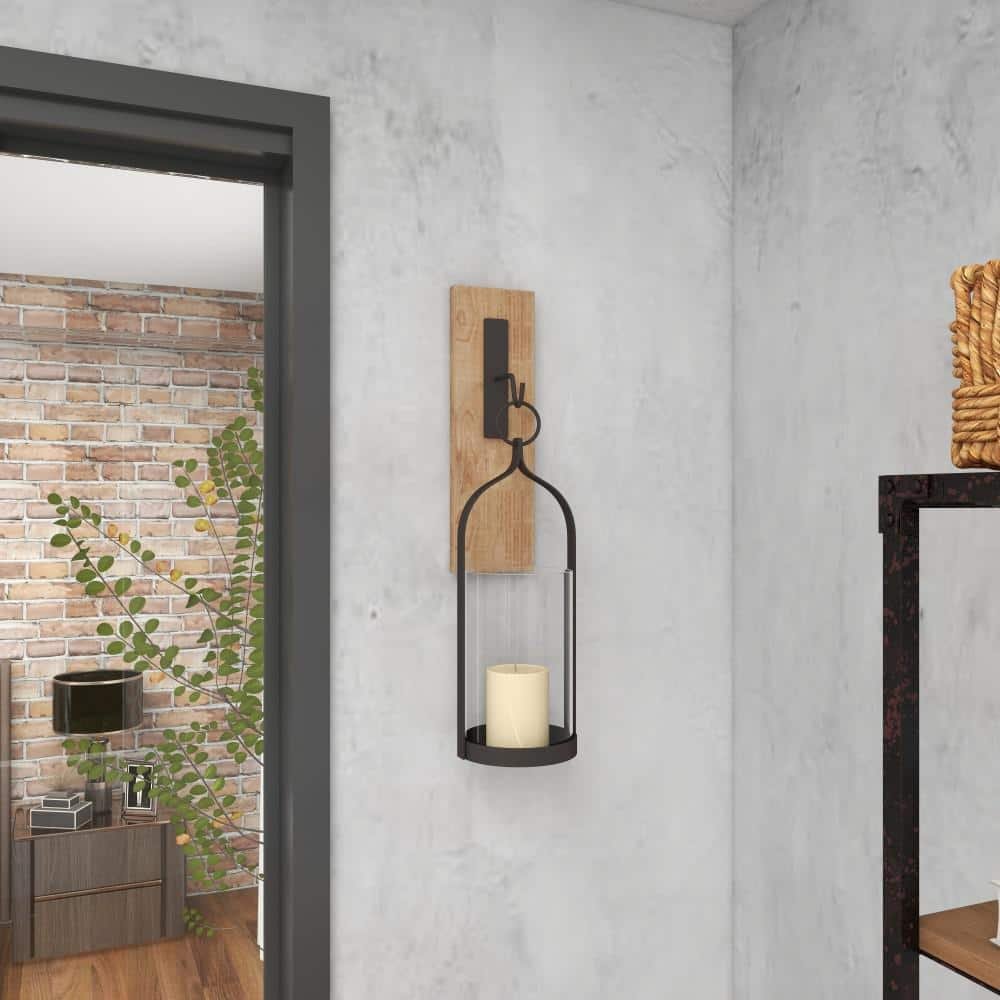 23 in. Brown Wood Wall Sconce with Suspended Black Metal and Glass...