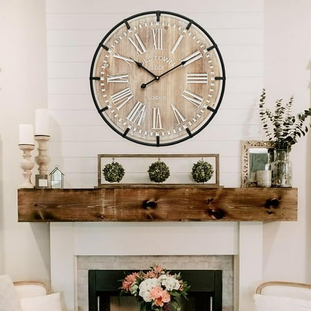 24 Inch Large Farmhouse Wall Clock, Rustic Antique Wood with Metal Circle and Large Engraved Numerals, Silent Battery Operated Wall Clock for Office Kitchen Bedroom Living Room