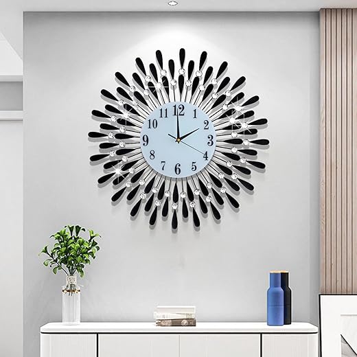 24 INCH Large Wall Clock for Living Room Decor,Non-Ticking Quiet Metal Petals Dial Glass Big Wall Clocks Black for Bedroom,bedrooms Kitchen and Small Space Decoration