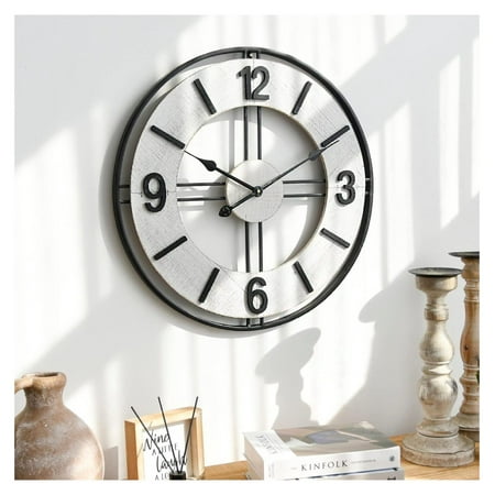 24 Inch Large Wood and Metal Wall Clock, Decorative Farmhouse Wall Clock, Silent Non-Ticking Wall Clock for Home, Kitchen, Living Room, Battery Operated Whitewashed