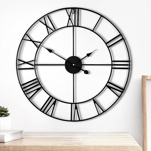 24In Large Modern Metal Wall Clocks, Round Silent Roman Numerals Big Clock, Small Tick Tock Pointer Outdoor Indoor Oversized Wall Clock for Kitchen, Living Room, Bedroom Wall Decoration - Black