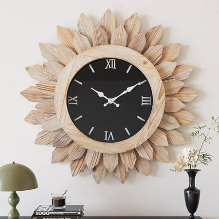 24'' Large Wall Clock for Living Room Deco Boho Sunburst Decorative Big Oversized Silent Battery Operated Farmhouse Wood Wall Clock for Office Home Dinning Room Bedroom Kitchen, Wood