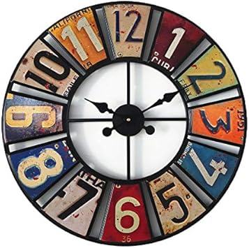 24" Round Wall Clock, Bar Round Retro Wall Clock Silent Battery Operated Wall Clocks for Home Living Room Kitchen Cafe Bar Hotel, Vintage License Plate Clock with Large Numbers