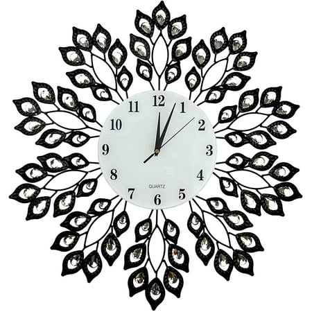 25” Black Leaf Metal Wall Clock, 9” White Glass Dial with Arabic Numerals, Decorative Clock for Living Room, Bedroom, Office Space