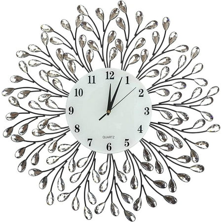 25” Vine Decorative Metal Wall Clock, White Glass Numbers Dial 9.5”, Crystal Accent Clock Living Room Bed Room (White Lines)