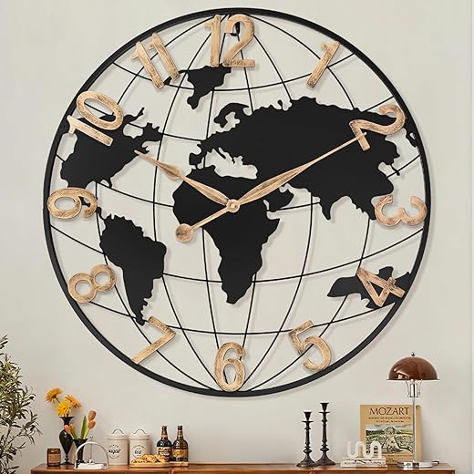 30 Inch Extra Giant Large Wall Clock Oversized,Black Big Metal Modern Decorative Silent World Map Wall Clock with Vintage Gold Arabic Numeral for Office,Living Room,Kitchen,Dining Room Decor