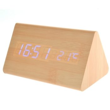 015-11 USB /AAA Powered Triangle Shaped Voice Control Blue Light Digital LED Wooden Desk Alarm Clock with Date /Temperature (Burlywood)