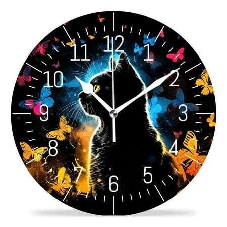 10 Inch Wall Clock Battery Operated Silent Clock Decorative for Office, Kitchen, Outdoor, Living Room，Colorful Cute Cat Butterfly Polka Dot Image