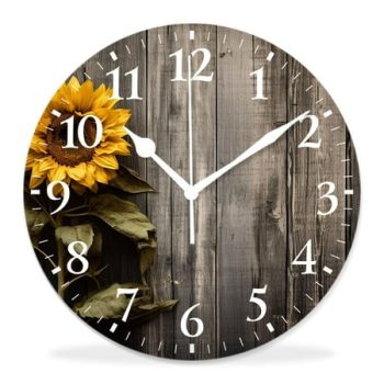 10 Inch Wall Clock Battery Operated Silent Clock Decorative for Office, Kitchen, Outdoor, Living Room，Yellow Sunflower Brown Burlap Print