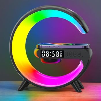 2024 New Wireless Speaker Charger, Atmosphere Bedside Light with Wireless Charging Station,Music Lit Lamp 4 in 1 Alarm Clock Gifts Idea for Family (Black)