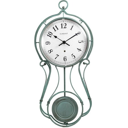 20 Inch Metal Pendulum Wall Clock Battery Operated,Large Schoolhouse Metal Wall Clock with Pendulum,Decorative Wall Clocks for Living Room Decor,Antique Aged Teal Green Finish