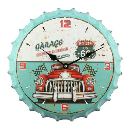 35cm Bottle Cap 3D Wall Clock Retro Beer Wine Modern Design Iron Metal Silent Quartz Clocks Bar Living Room Home Decor Creative (CAR,35X35cm)