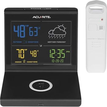 AcuRite Weather Forecaster with Wireless Charging Pad, Alarm Clock with Indoor/Outdoor Temperature and Humidity and Calendar (01193M),Black