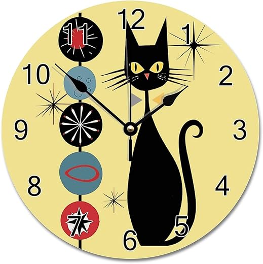 ArogGeld Retro Mid Century Wall Clock Modern Cool Cat Clocks 10 Inch Silent Non Ticking Battery Operated Round Wooden Clock Retro Rustic Style Hanging Clock for Home Office School One Size