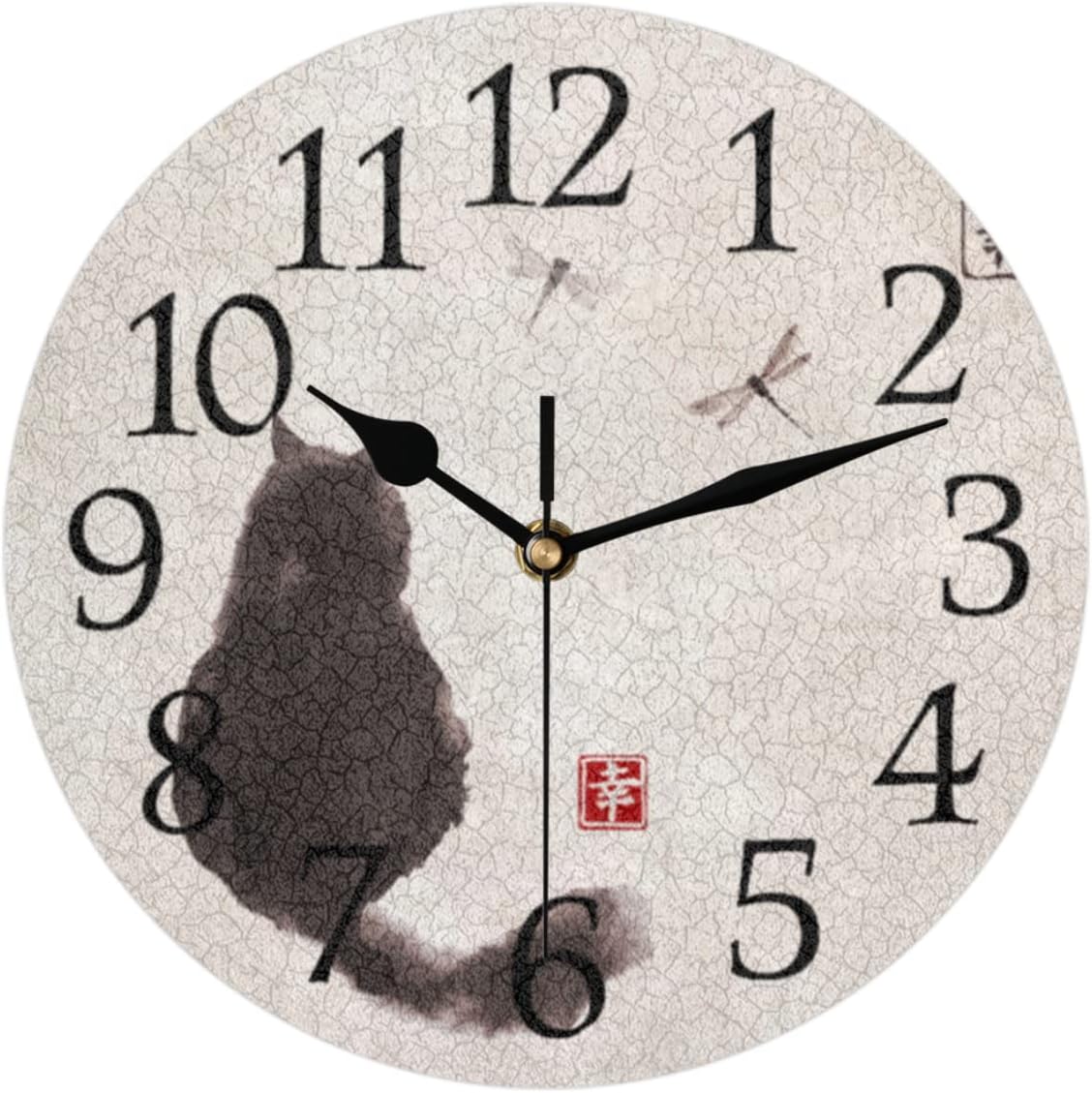 AUUXVA Japanese Painting Cat Dragonfly Wall Clock Silent Non-Ticking,Japan Animal Round Wall Clock Battery Operated Clock Decor for Home Wall Bathroom Kitchen Bedroom Living Room Office School Patio