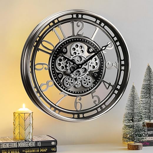 CLXEAST Large Moving Gear Wall Clock,Industrial Steampunk Decor Wall Clock,Decorative Wall Clock for Modern Farmhouse Living Room Decor,Gunmetal Silver Chrome Finish (21 Inch)