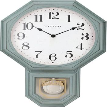 CLXEAST Pendulum Wall Clock, Schoolhouse Regulator Clock with Pendulum,Antique Aged Teal Green ABS Plastic,12 W x 17.5 H