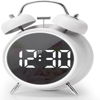 Digital Small Alarm Clock, 4.5 Inch Double Bell Electronic LED Alarm Clock, Plug in or Battery Operated Silent Metal Alarm Clock, Bedside Loud Alarm Clock for Heavy Sleepers Adults Kids (White)